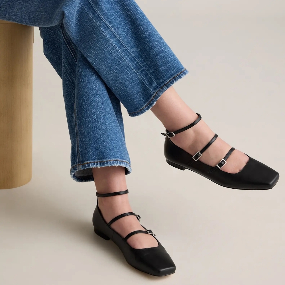 Quince Black Italian Leather Square Toe Strappy Mary Jane Flat - Size 7 - NEW